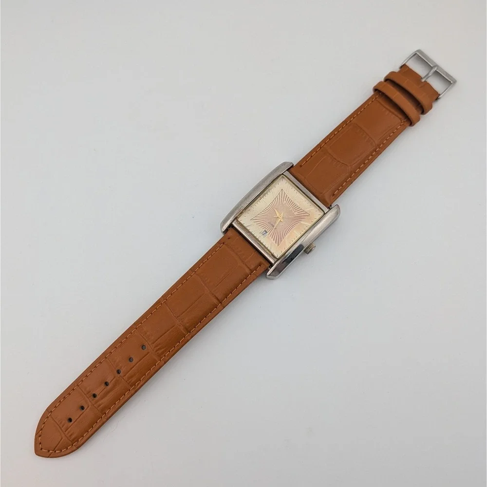 Elgin II EL2C1 Men's Rectangular Quartz Sunburst Dial Date Watch New Strap Y2K